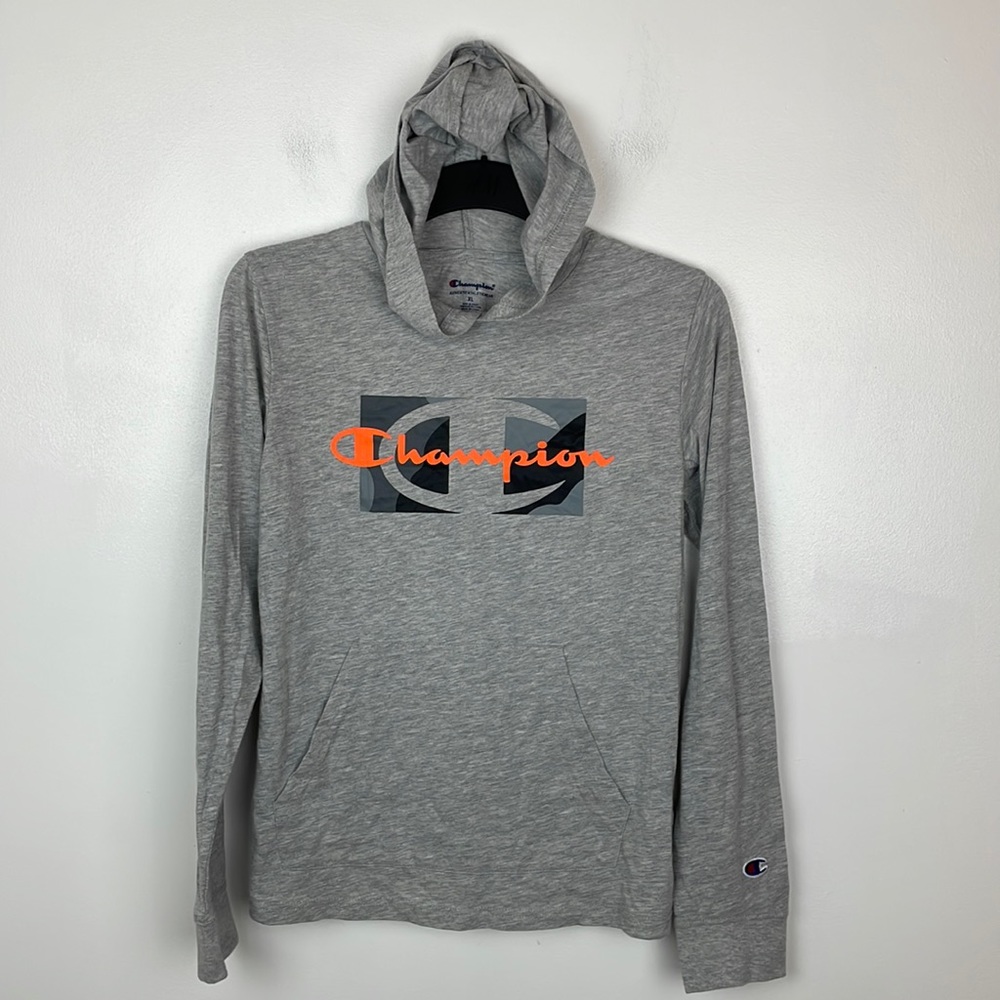 Champion Long Sleeve T—Shirt Hoodie Boys Gray/Orange Size X-Large